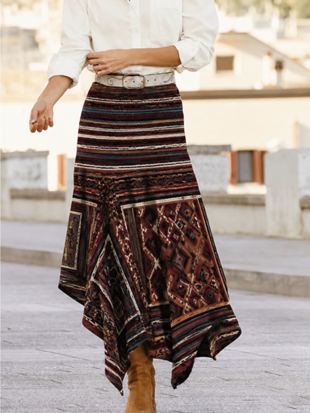 Peruvian Connection Multicolor Geometric Knit Skirt in Rust, Teal & Cream